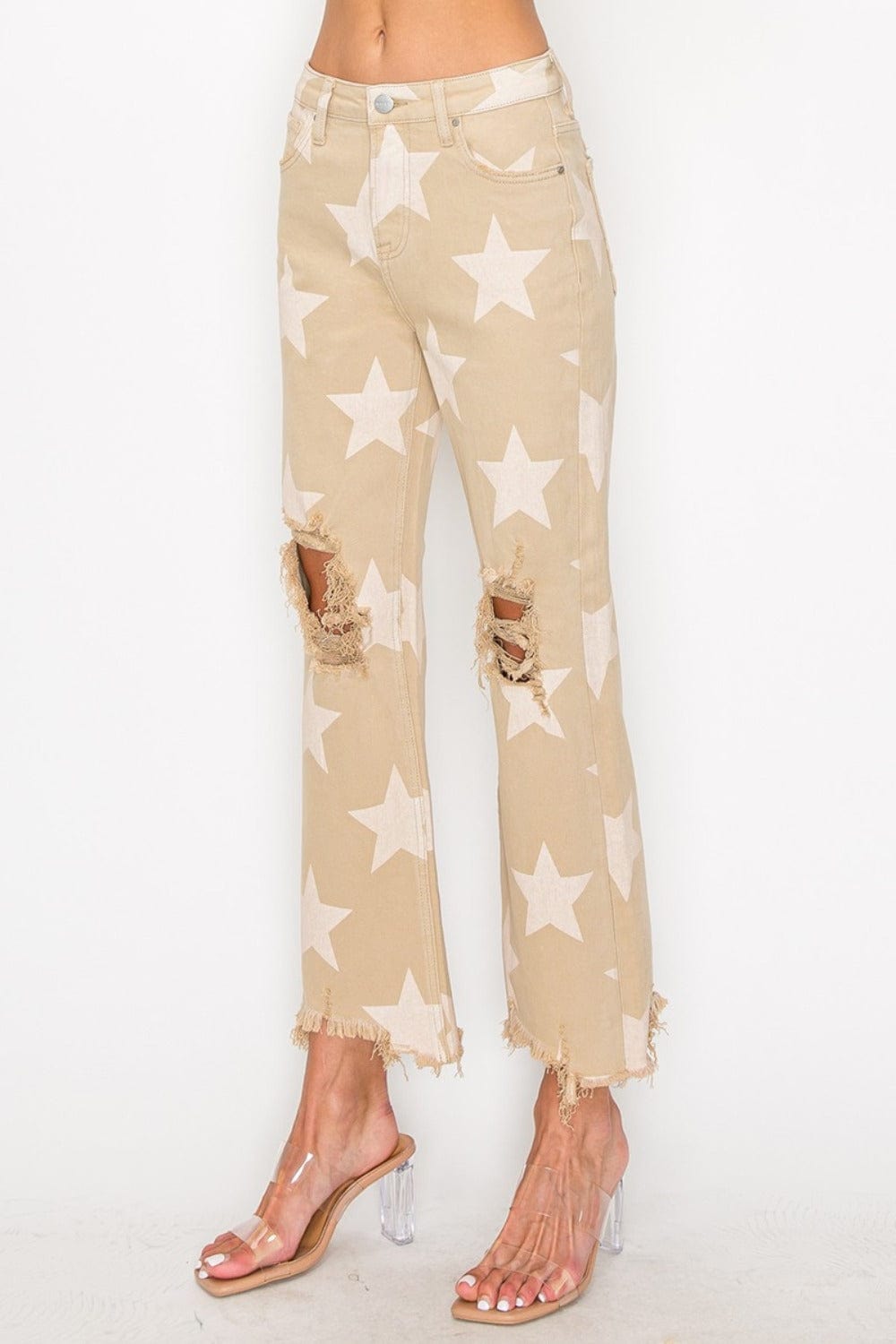 RISEN Full Size High Rise Star Printed Frayed Hem Jeans - Trendsi