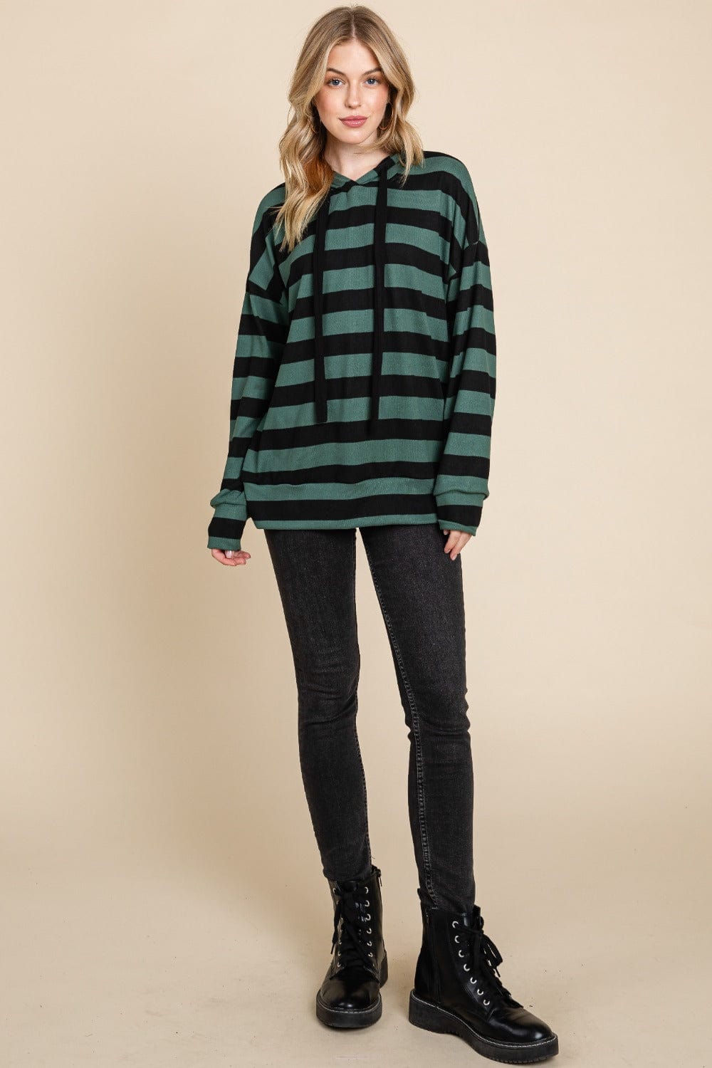 BOMBOM Drawstring Striped Dropped Shoulder Hoodie - Trendsi