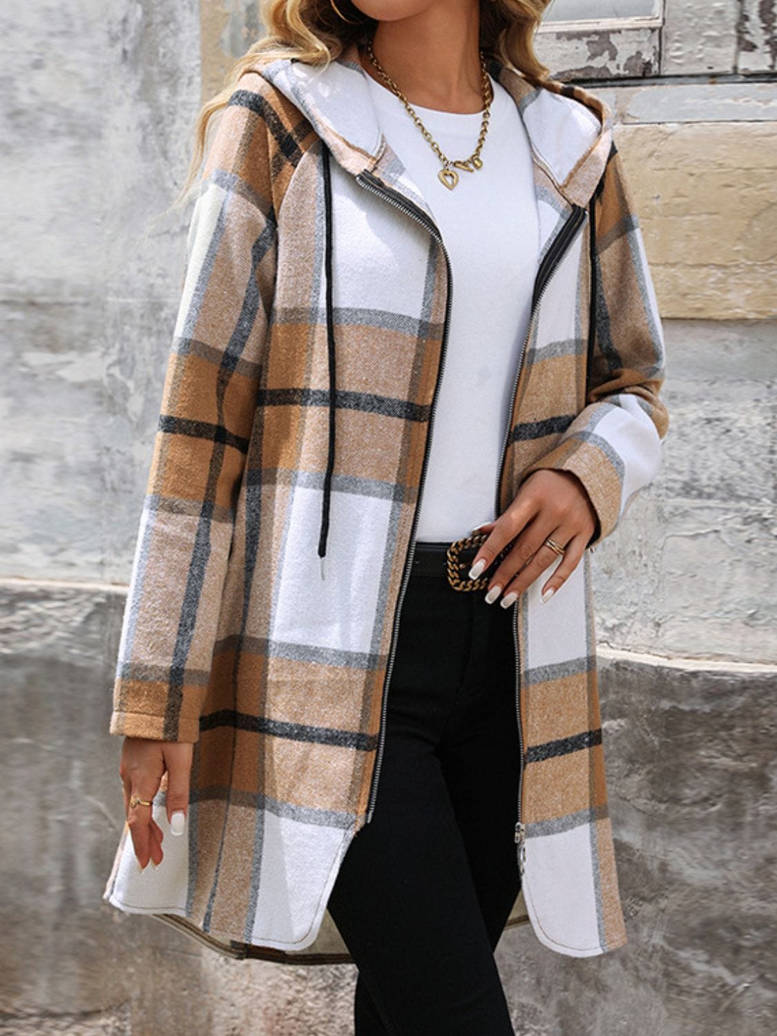 Drawstring Plaid Zip Up Long Sleeve Hooded Outerwear - Trendsi