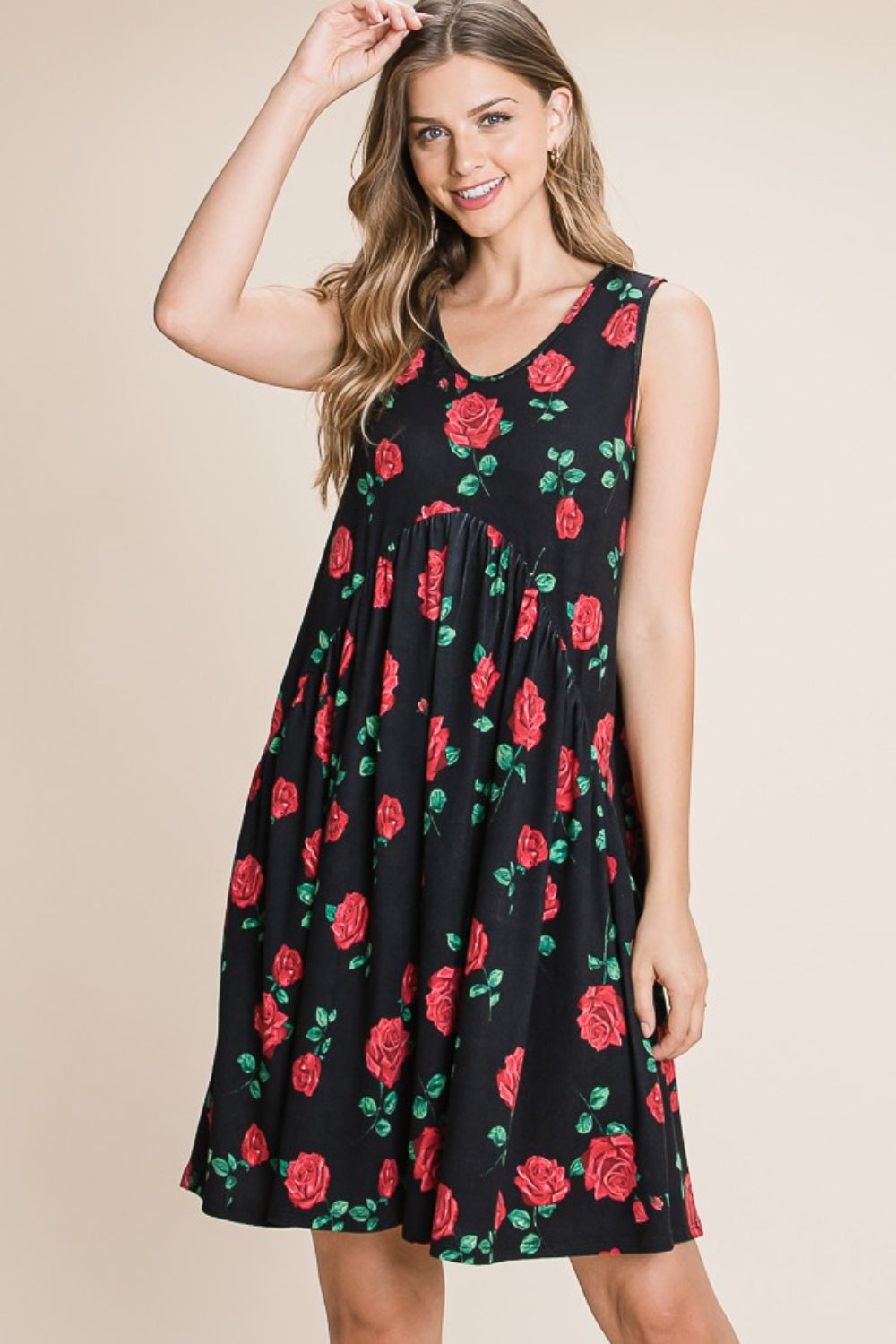 BOMBOM Floral Ruched Tank Dress - Trendsi