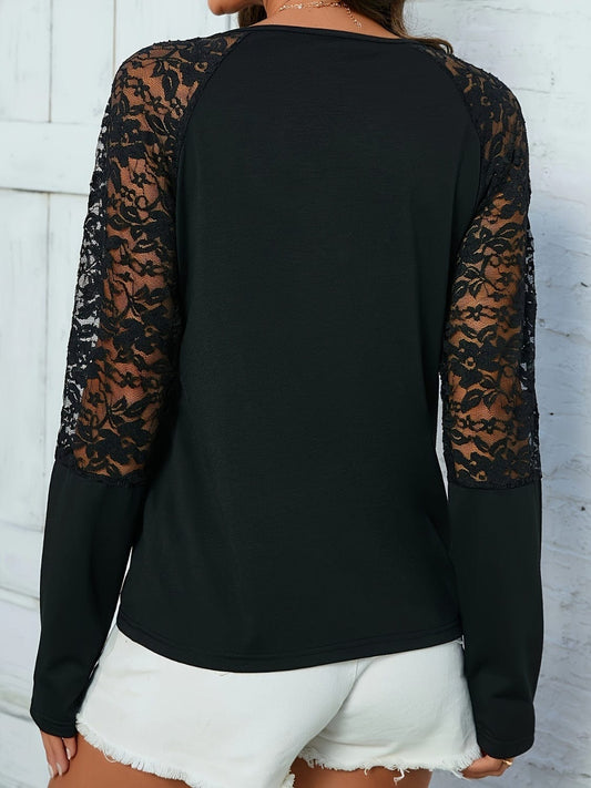 Lace Notched Long Sleeve Blouse - Trendsi