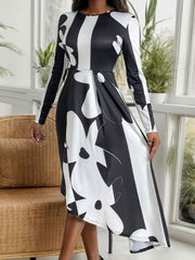 Asymmetrical Slit Round Neck Long Sleeve Midi Dress - Trendsi