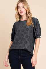 BOMBOM Textured Floral Pattern Top - Trendsi