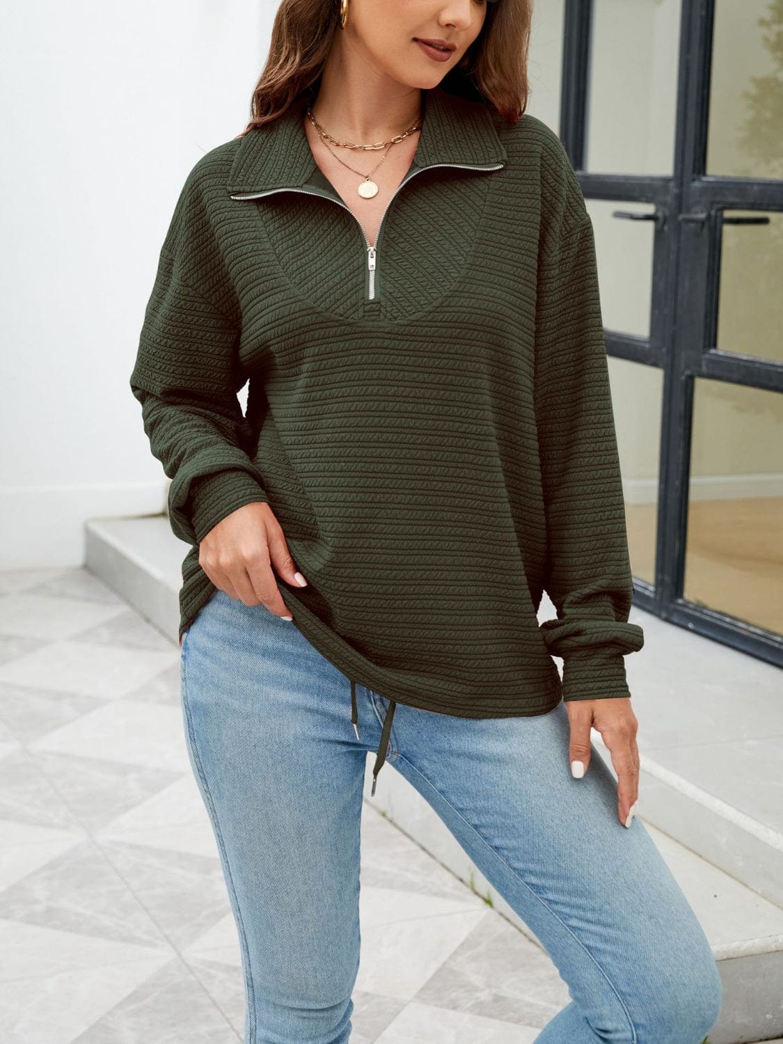 Textured Quarter Zip Long Sleeve Sweatshirt - Trendsi