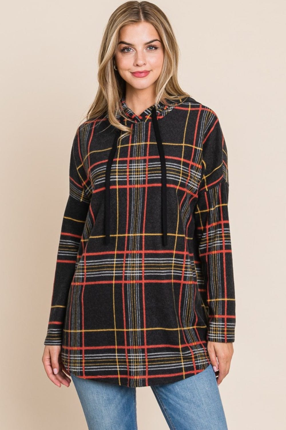 BOMBOM Drawstring Plaid Long Sleeve Hoodie - Trendsi