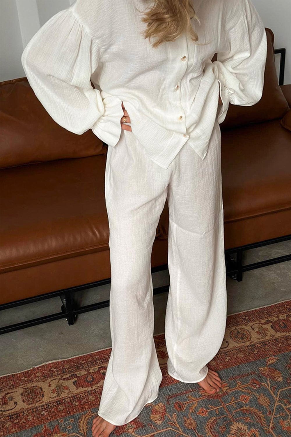 Breathable Ruffled V-Neck Long Sleeve Top and Pants Set - Trendsi