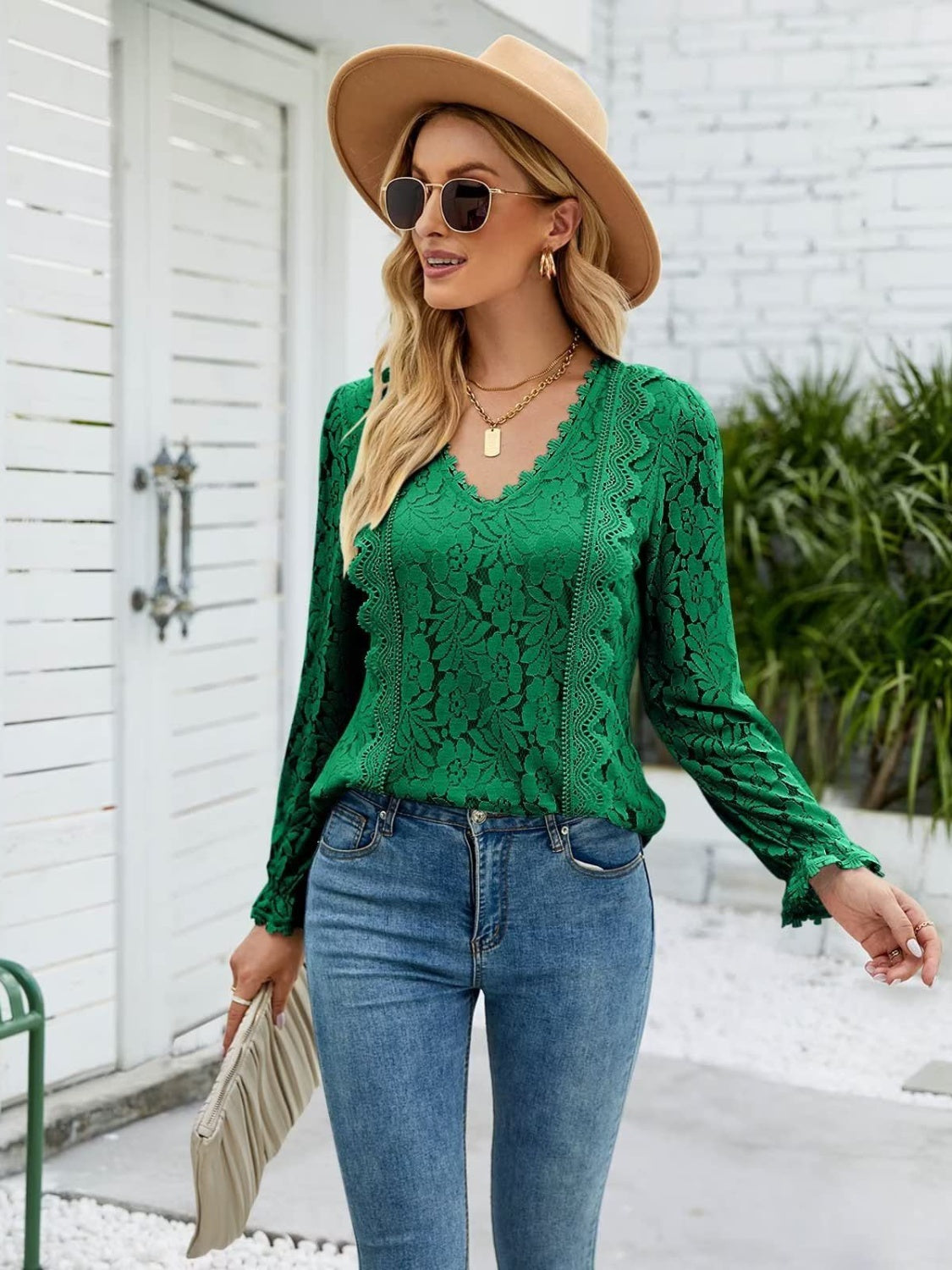 Lace V-Neck Flounce Sleeve Blouse - Flyclothing LLC