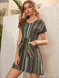 Pocketed Striped Short Sleeve Dress - Flyclothing LLC