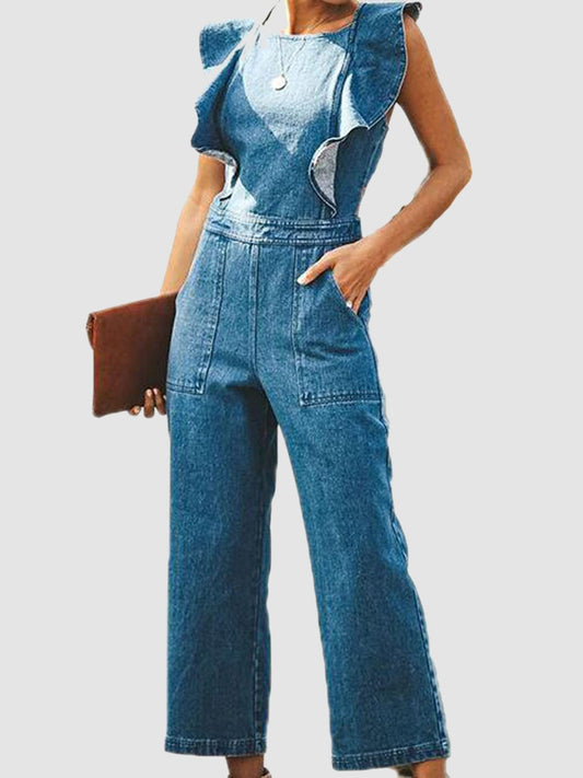 Ruffled Backless Sleeveless Denim Jumpsuit Trendsi