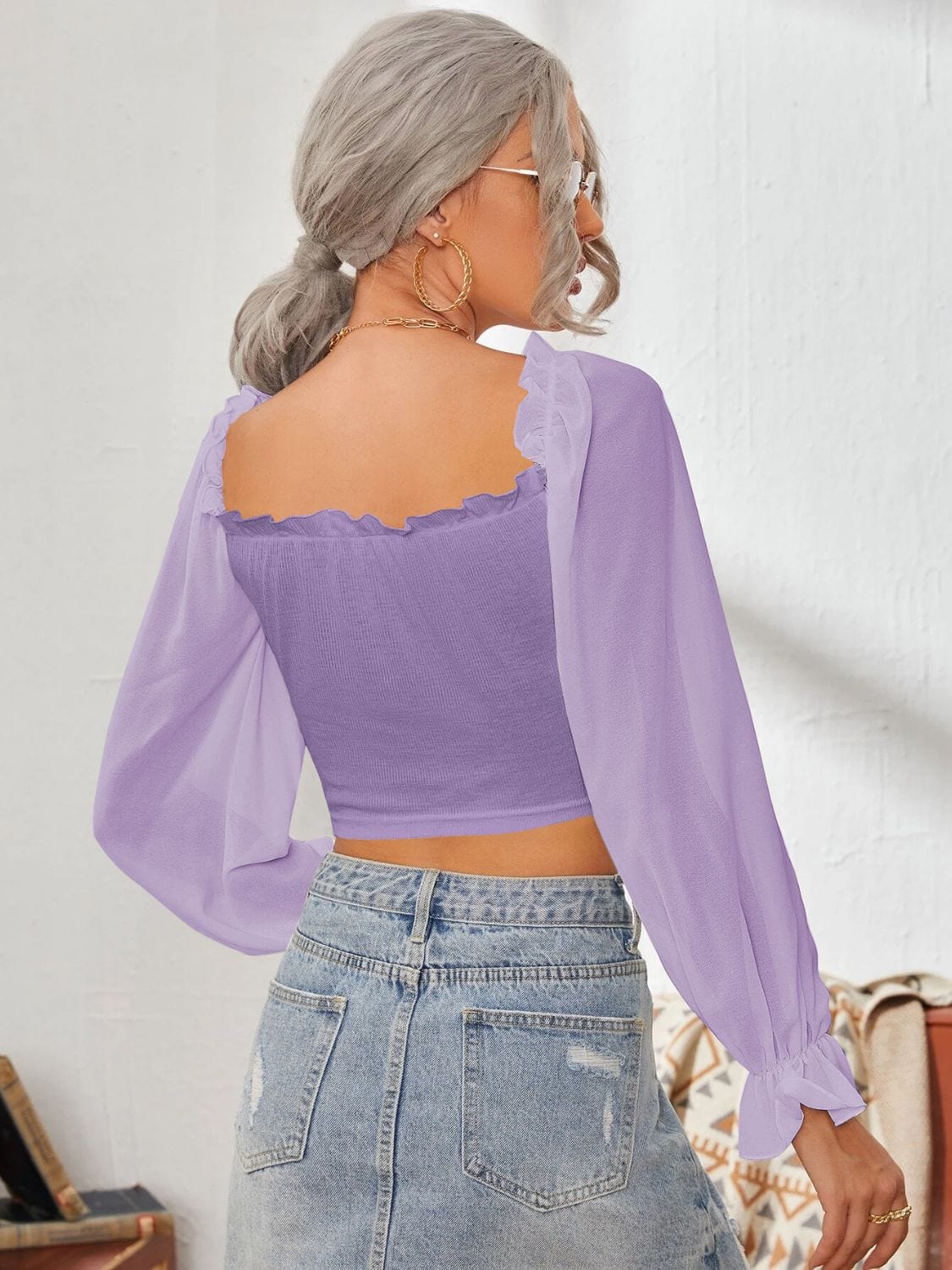 Mesh Sweetheart Neck Flounce Sleeve Top - Trendsi