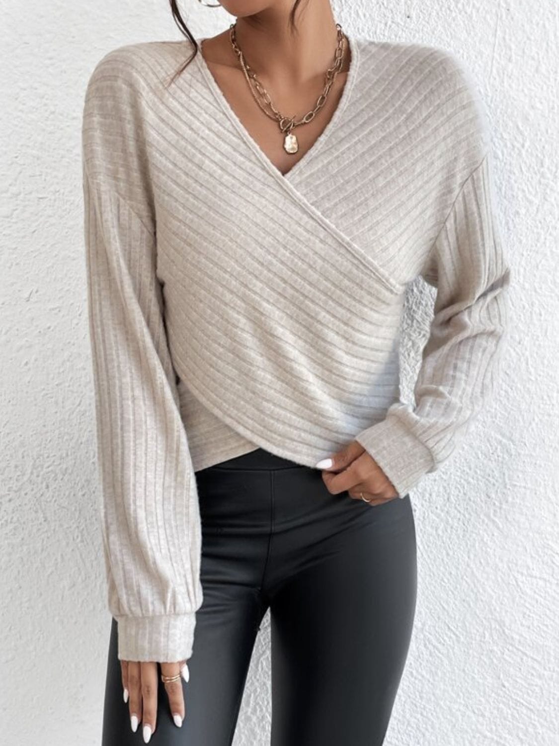 Surplice Dropped Shoulder Long Sleeve T-Shirt - Trendsi