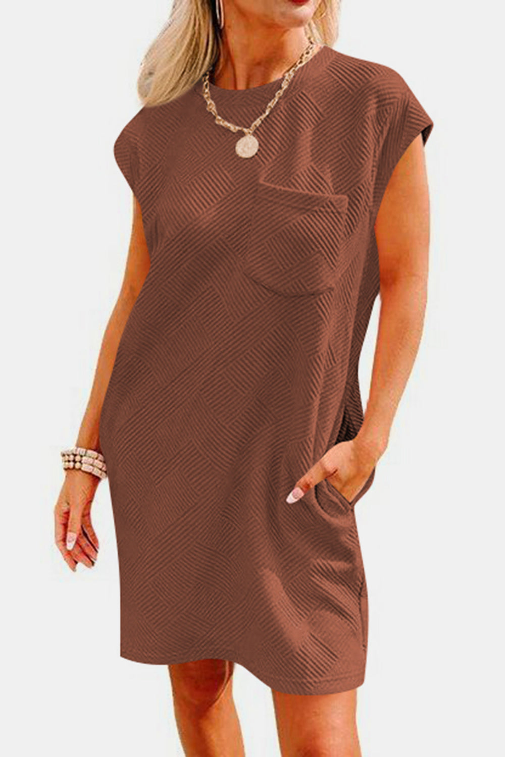 Textured Round Neck Cap Sleeve Dress Trendsi