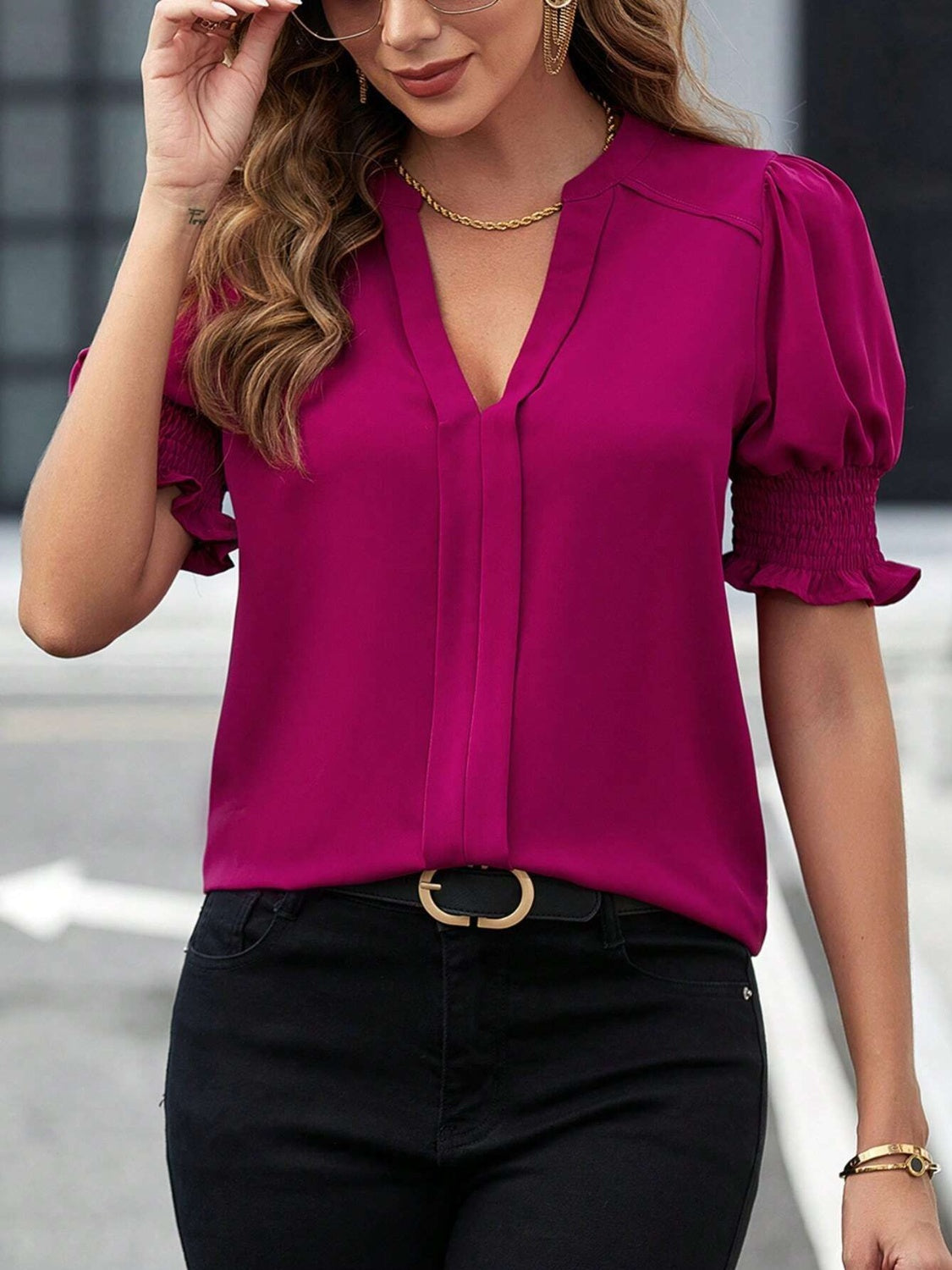 Notched Short Sleeve Blouse Trendsi