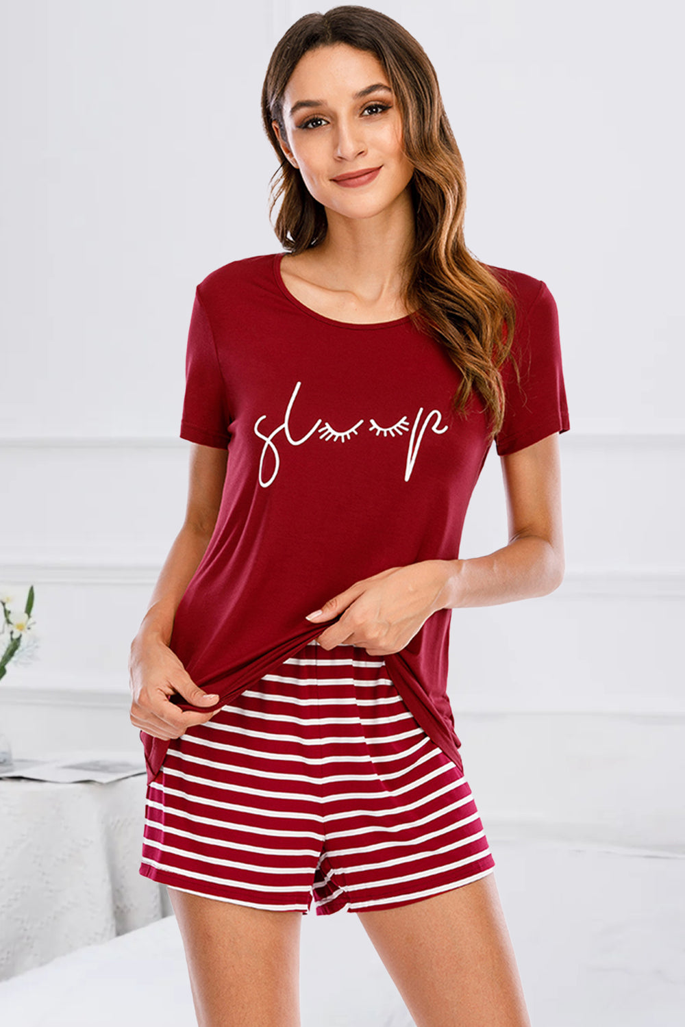 Graphic Round Neck Top and Striped Shorts Lounge Set - Flyclothing LLC