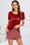 Graphic Round Neck Top and Striped Shorts Lounge Set - Flyclothing LLC