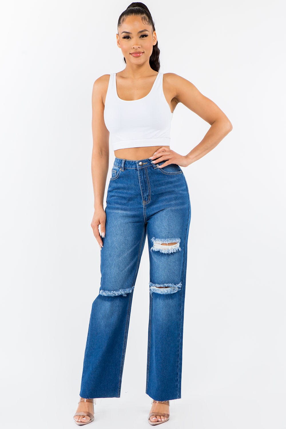 American Bazi High Waist Distressed Wide Leg Jeans - Trendsi