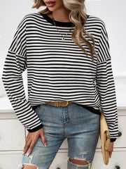 Striped Round Neck Dropped Shoulder Sweater