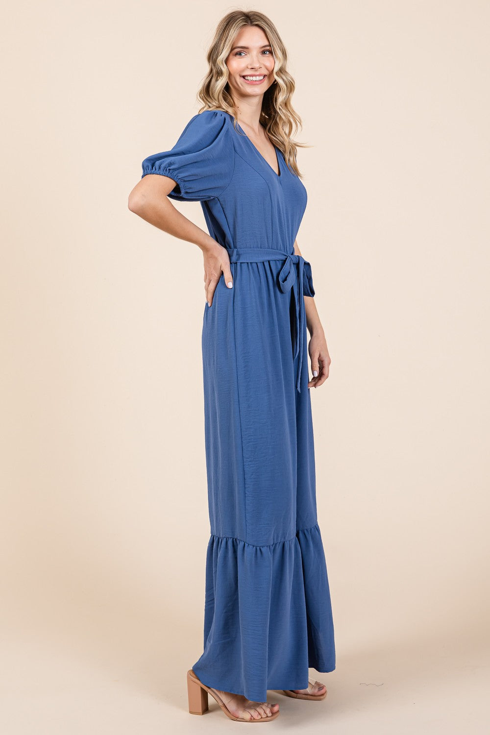 GeeGee Full Size V-Neck Belted Wide Leg Jumpsuit - Flyclothing LLC