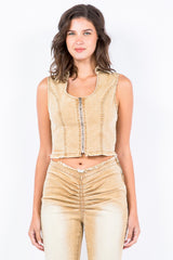 American Bazi Zip Up Washed Crop Denim Vest - Trendsi