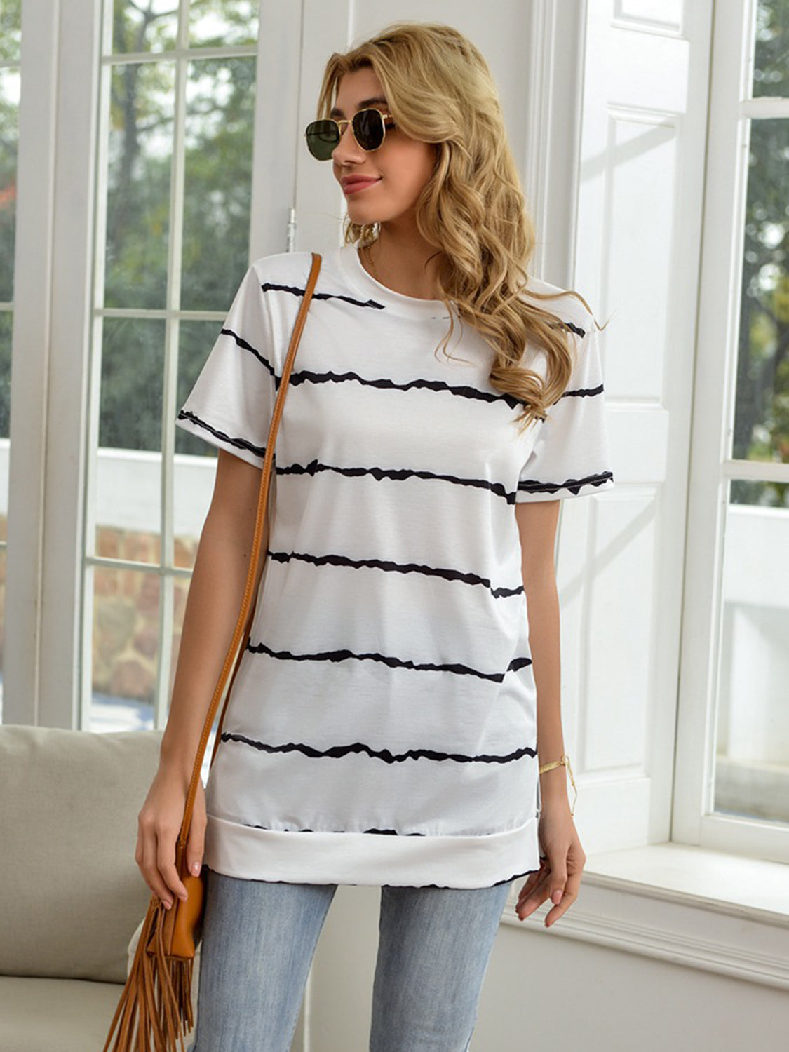 Striped Round Neck Short Sleeve T-Shirt - Flyclothing LLC