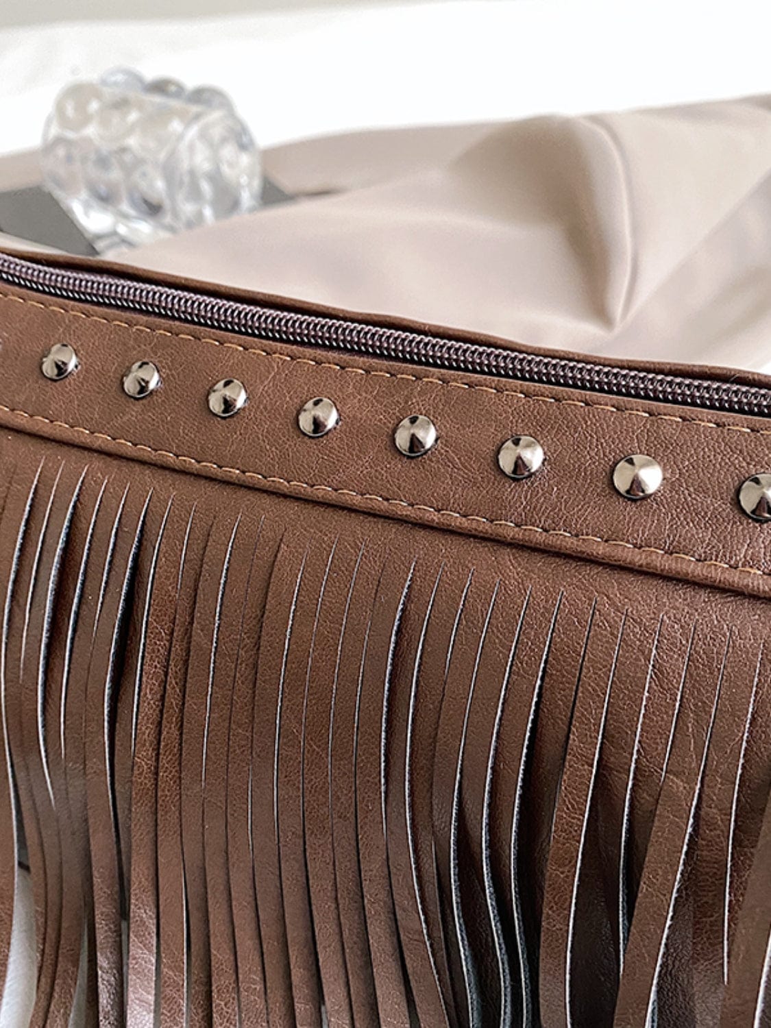 PU Leather Fringe Studded Crossbody Bag - Trendsi