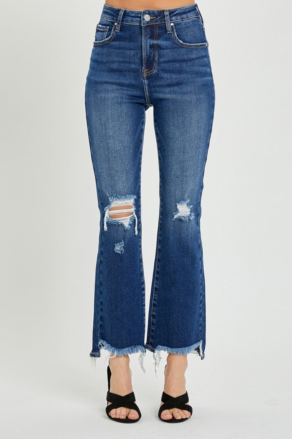 RISEN High Rise Distressed Crop Flare Jeans - Trendsi