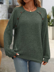 Decor Button Long Sleeve Ribbed T-Shirt - Trendsi