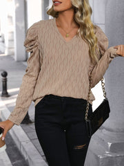 Textured V-Neck Long Sleeve Top - Trendsi