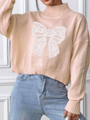 Bow Turtleneck Long Sleeve Sweater - Trendsi