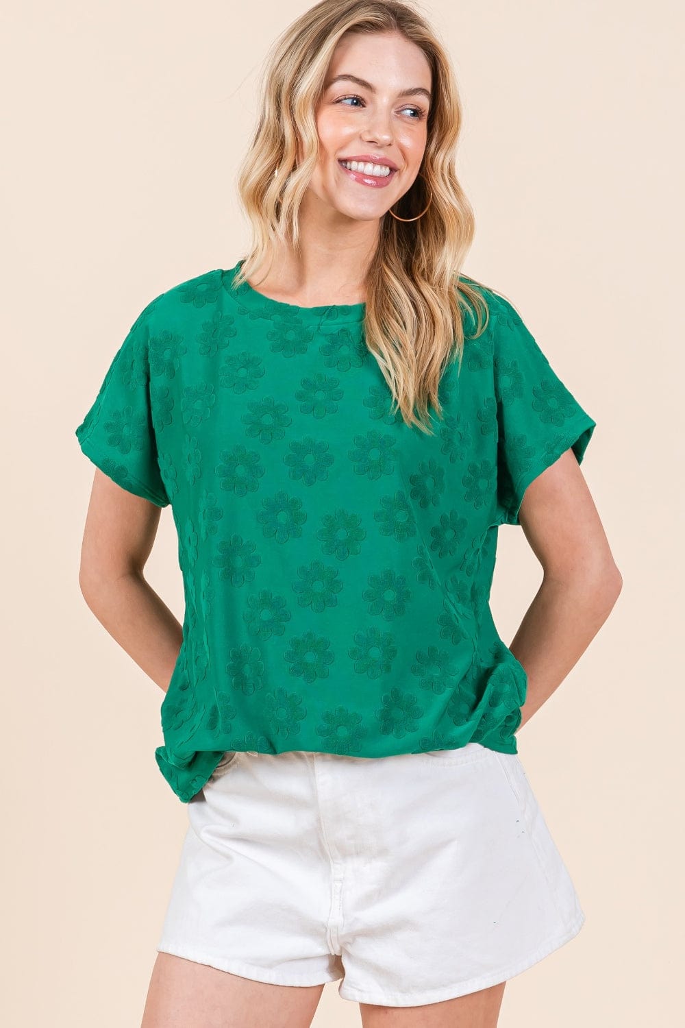 BOMBOM Textured Floral Pattern Short Sleeve T-Shirt - Trendsi