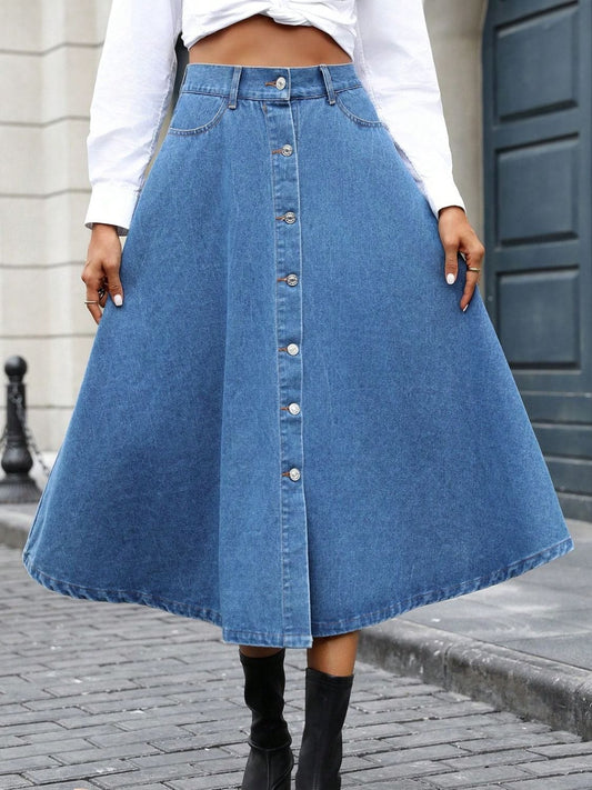 Buttoned Midi Denim Skirt with Pockets - Trendsi