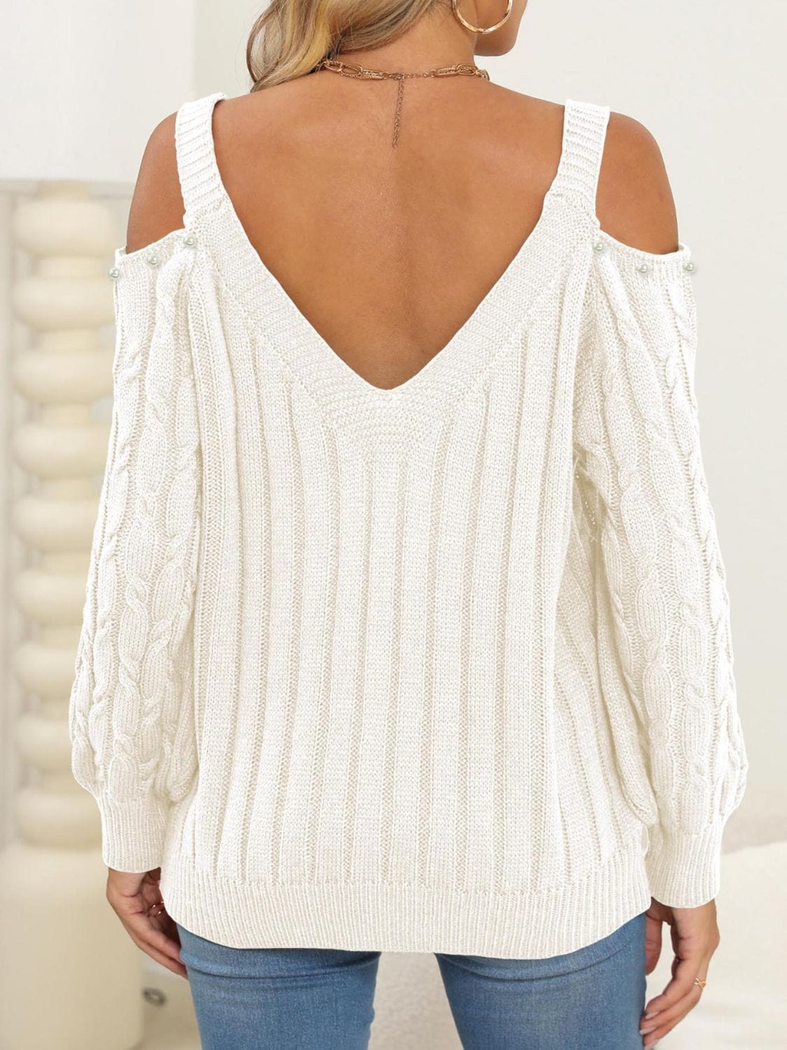 Cable-Knit Cold Shoulder Sweater - Trendsi