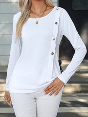 Decorative Button Round Neck Long Sleeve T-Shirt - Flyclothing LLC