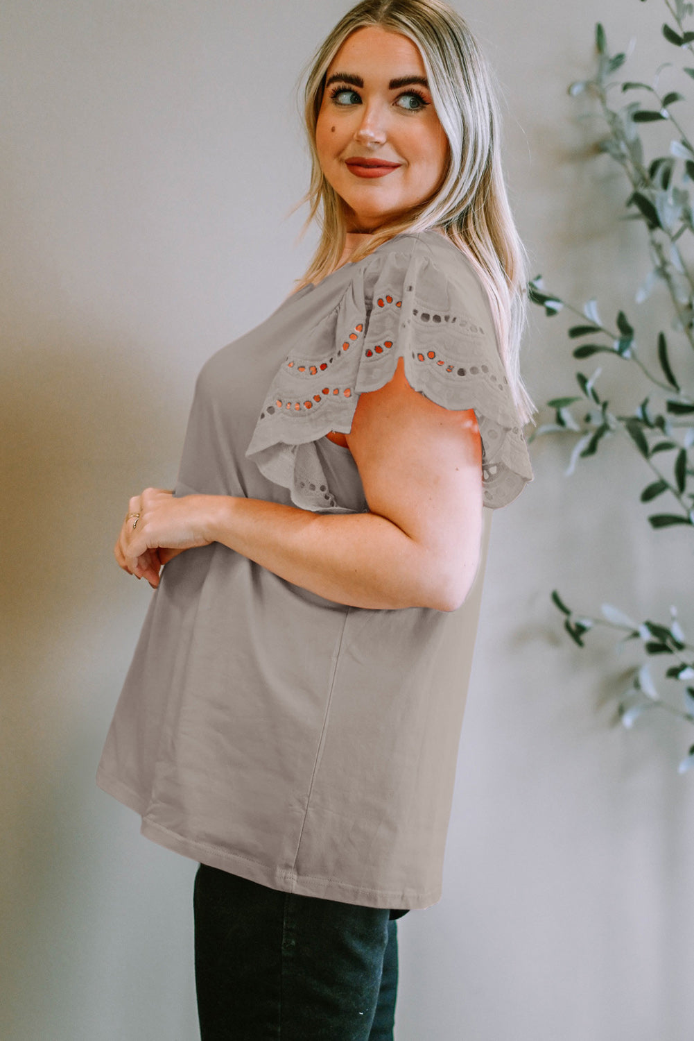 Plus Size Eyelet Round Neck Short Sleeve Blouse - Flyclothing LLC