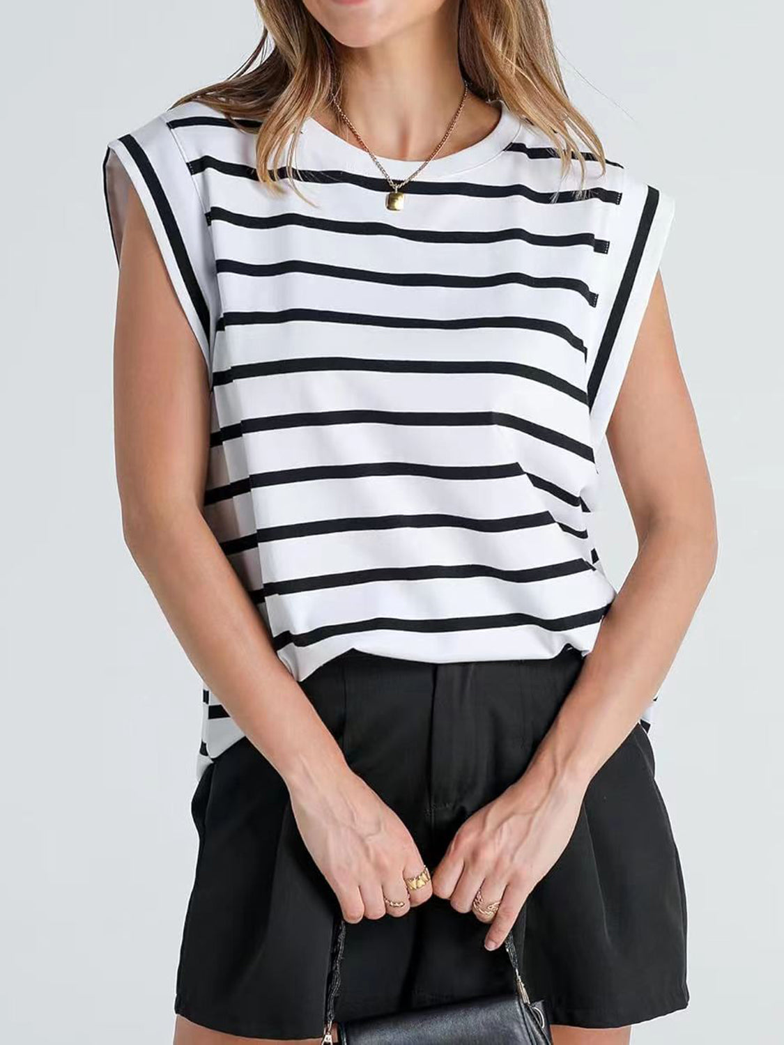 Striped Round Neck Cap Sleeve T-Shirt - Flyclothing LLC