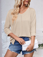 Textured Round Neck Three-Quarter Sleeve Blouse - Trendsi