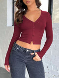 Buttoned V-Neck Long Sleeve T-Shirt - Trendsi