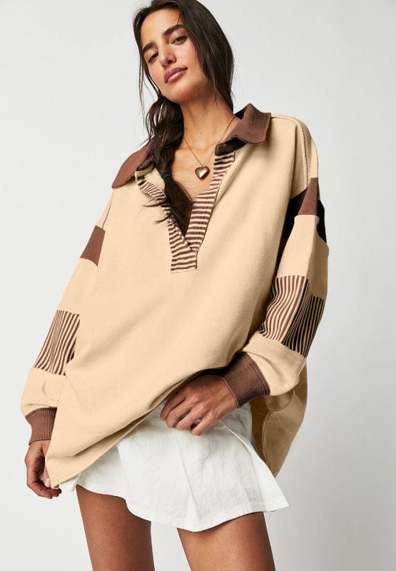 Color Block Johnny Collar Long Sleeve Sweatshirt - Trendsi