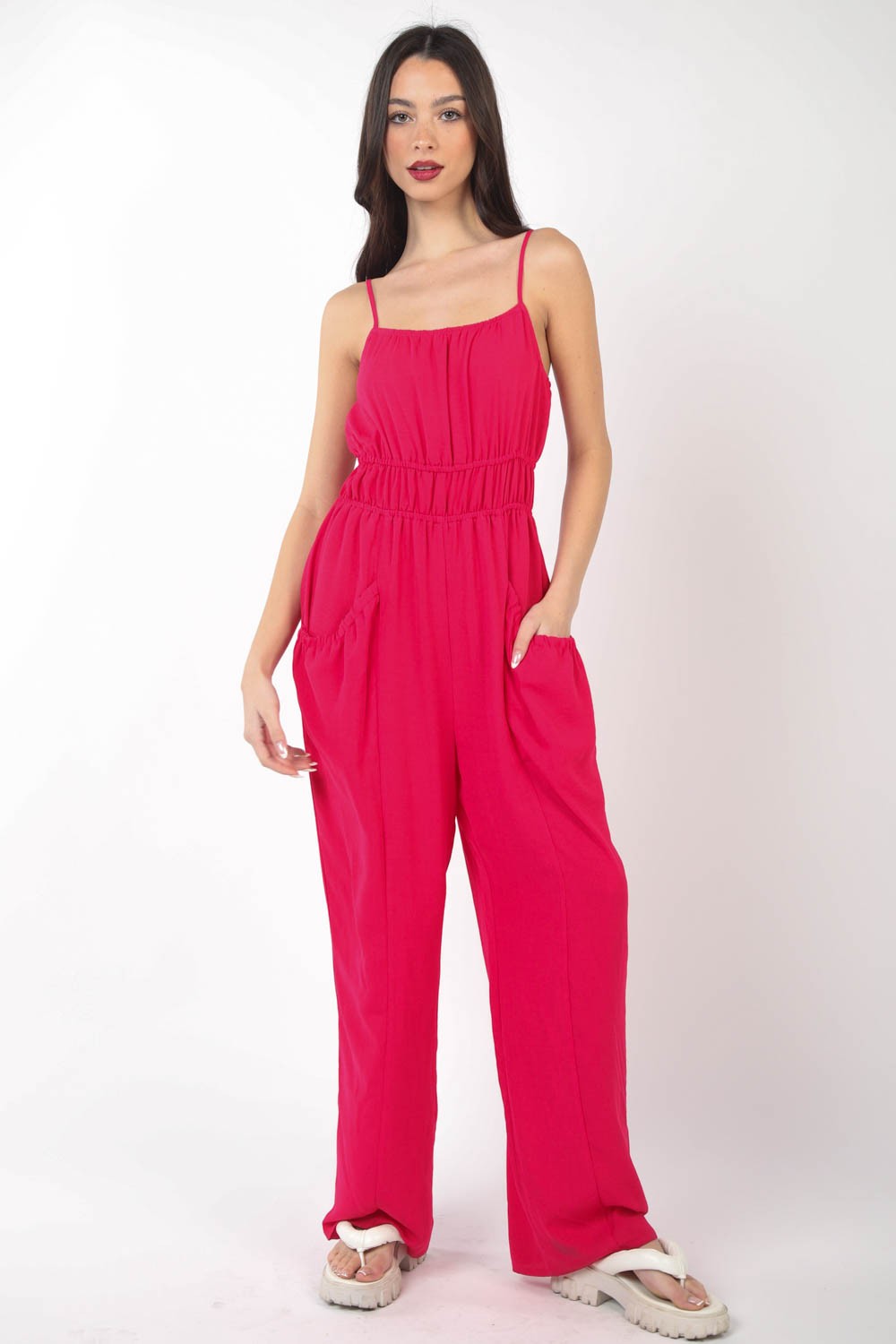 VERY J Pintuck Detail Woven Sleeveless Jumpsuit Trendsi