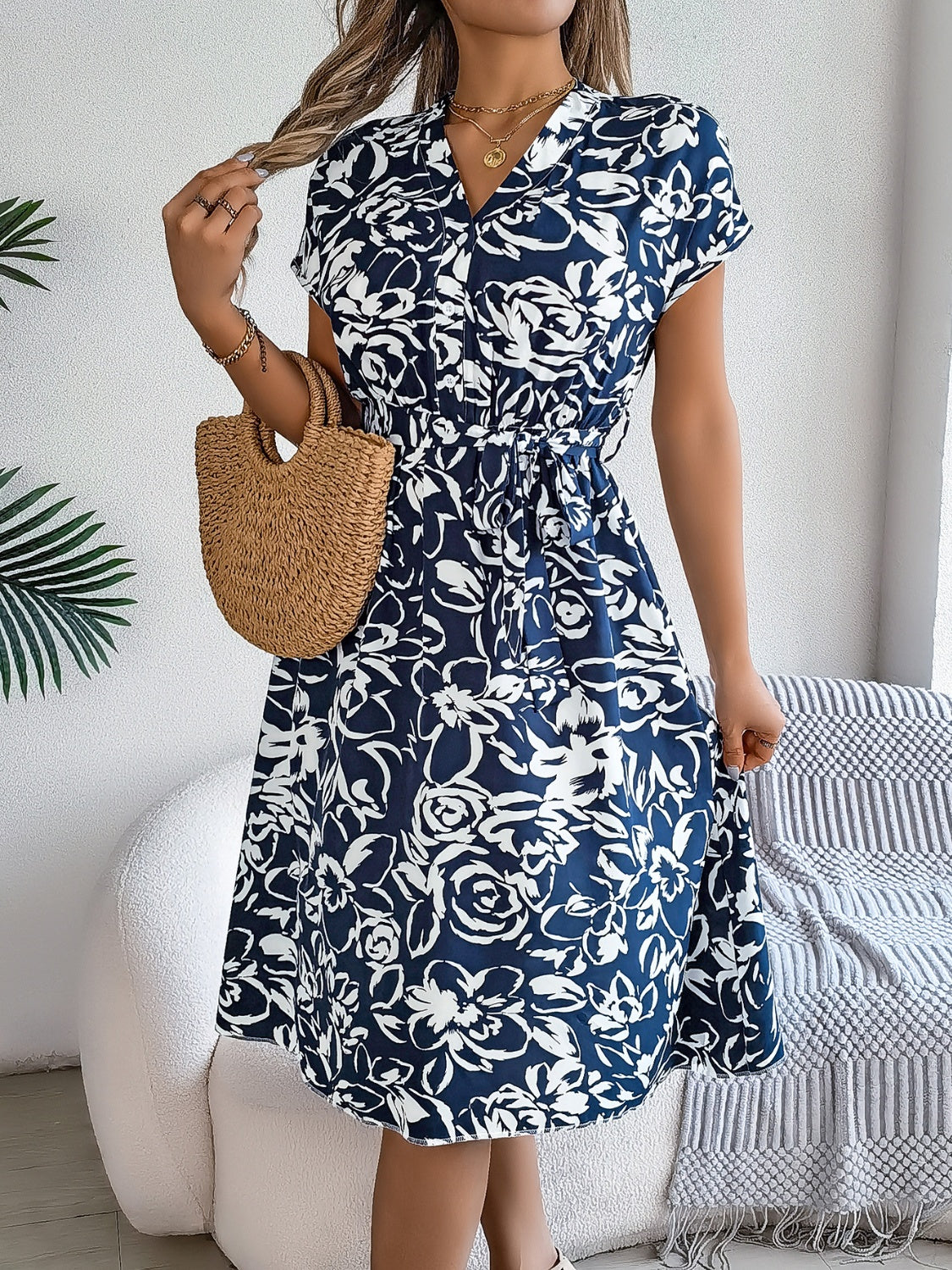 Printed V-Neck Short Sleeve Dress Trendsi