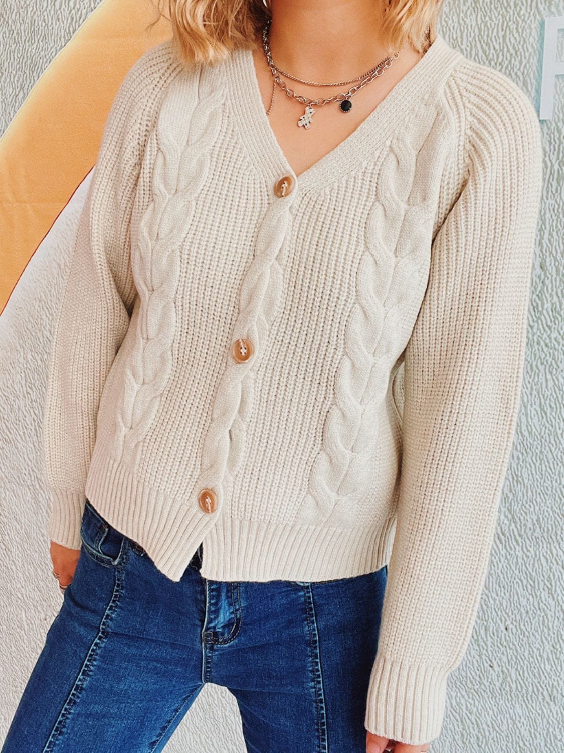 Cable-Knit V-Neck Button Down Long Sleeve Cardigan - Trendsi