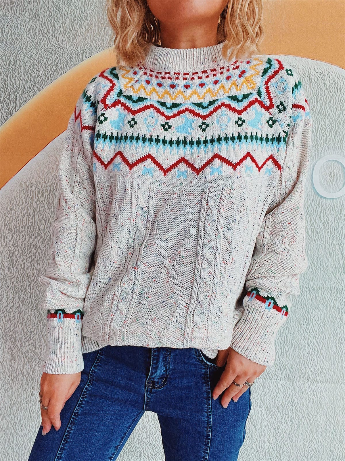 Cable-Knit Mock Neck Long Sleeve Sweater - Trendsi