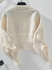 Cable-Knit Tied Open Front Lantern Sleeve Cardigan - Trendsi