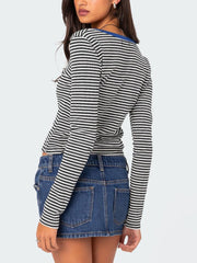 Buttoned Striped Long Sleeve T-Shirt - Trendsi