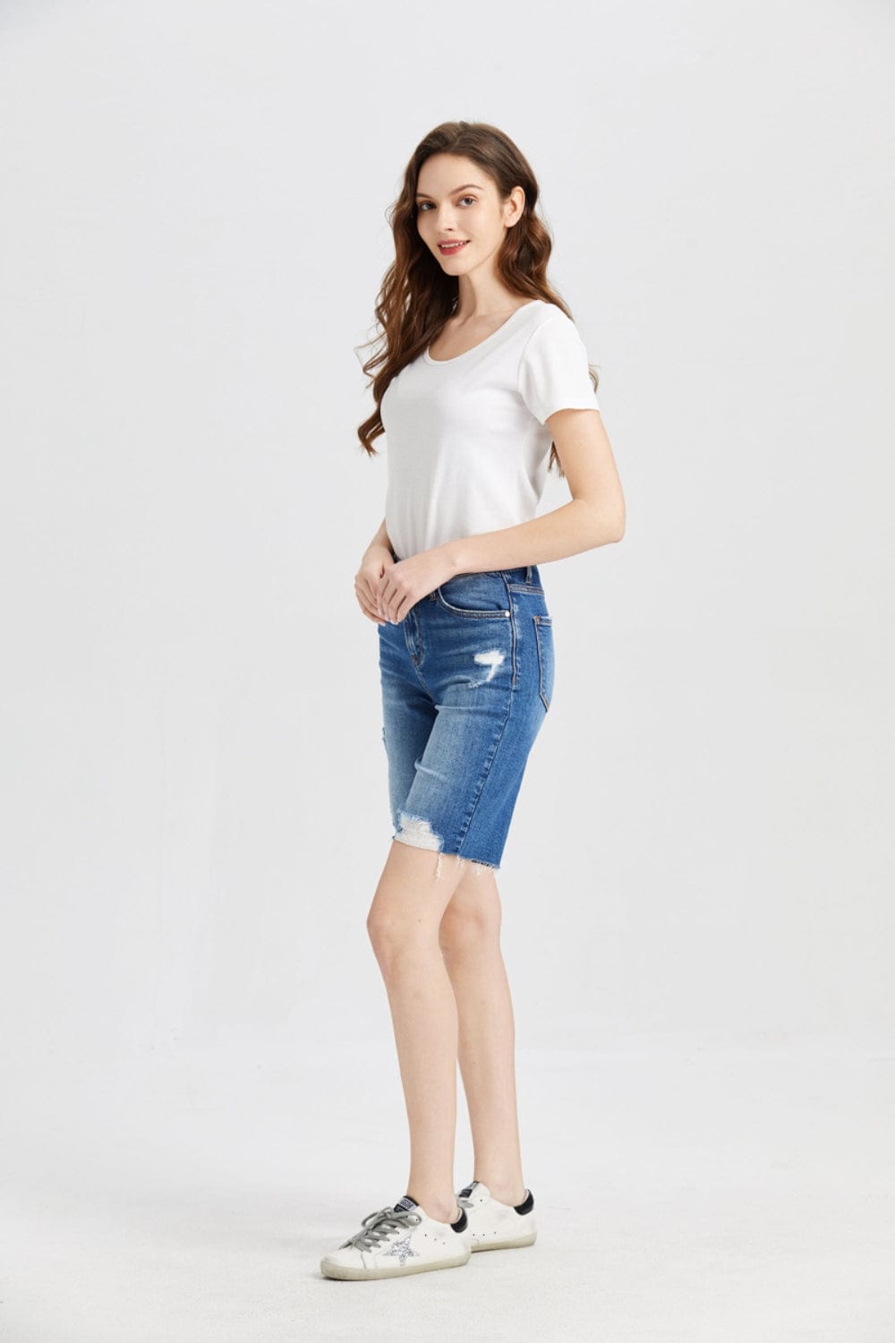 BAYEAS Full Size Super High Rise Denim Bermuda Shorts - Trendsi