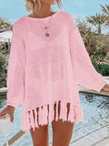 Double Take Openwork Tassel Hem Long Sleeve Knit Cover Up - Flyclothing LLC