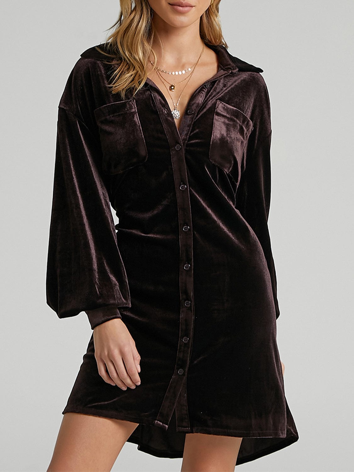 Collared Neck Button Down Long Sleeve Mini Dress - Trendsi