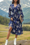 Printed Notched Lantern Sleeve Midi Dress - Flyclothing LLC