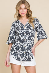 BOMBOM Floral Decorative Button V-Neck Top - Trendsi