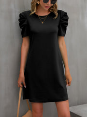 Round Neck Puff Sleeve Mini Dress - Flyclothing LLC